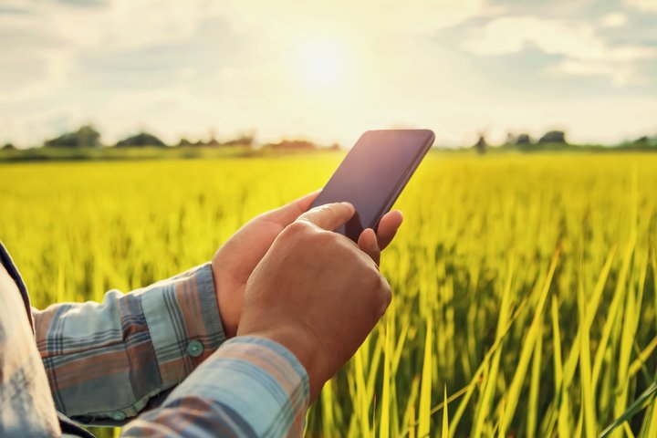 Laukuose esančio vyro rankose laikomas mobilus telefonas