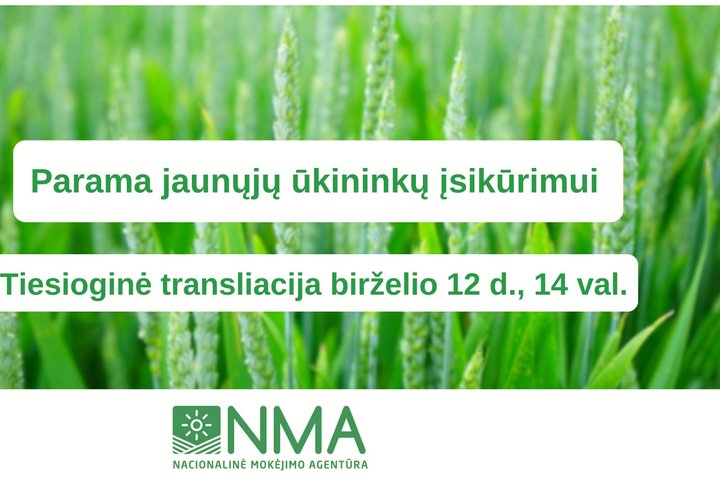 Transliaciją pristatantis užrašas žaliame fone
