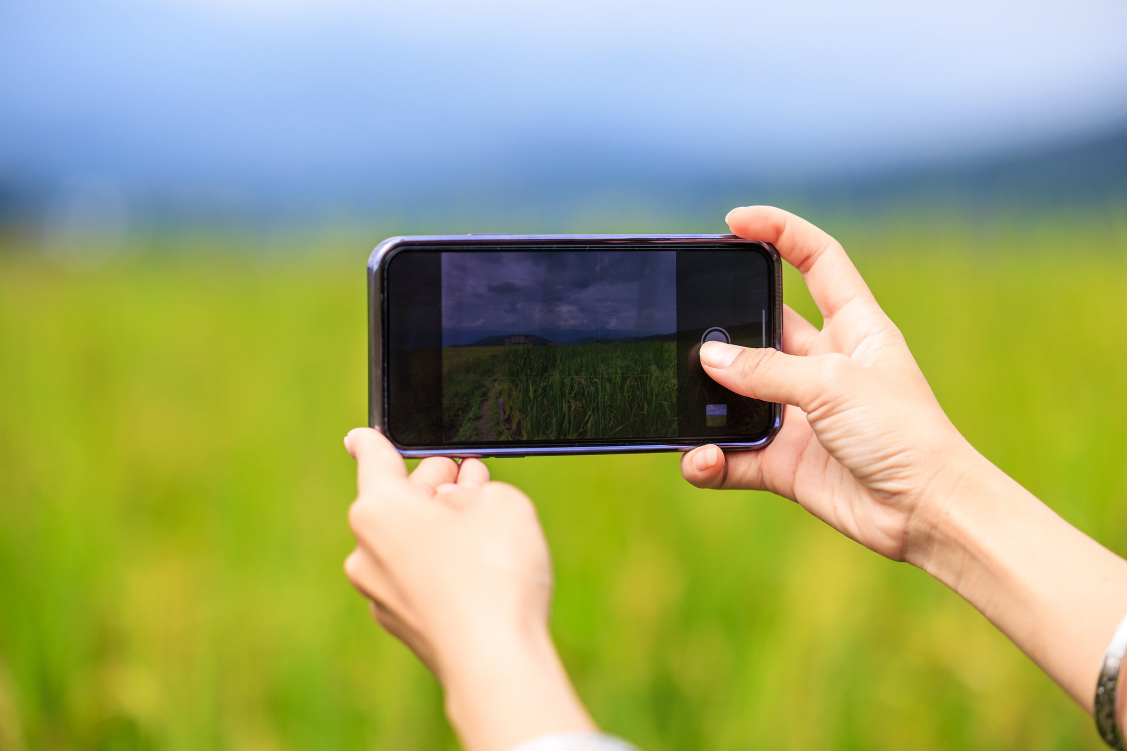 Ūkininkas laiko mobilų telefoną ir fotografuoja laukus